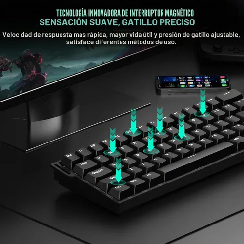 Vista 3 de Aula MINI60 HE Teclado inalámbrico para juegos 60%, teclado magnético de disparo rápido efecto Hall, sondeo de 8000 Hz, triple modo Negro