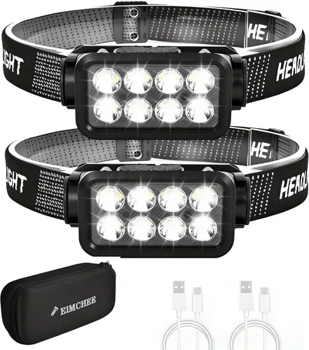 Vista 8 de Elmchee Paquete de 2 faros recargables de 2500 lúmenes, 5 LED brillantes, 7 modos de sensor de movimiento ajustable, linterna de cabeza impermeable