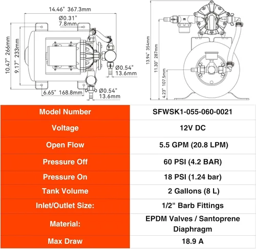 Vista 9 de SEAFLO Bomba de agua marina 12 V CC 60 PSI 5,5 GPM Sistema de tanque acumulador de 2 galones Sistema de aumento de presión del acumulador para un