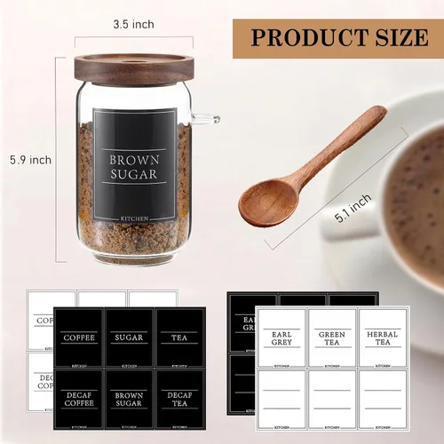 Vista 2 de KOSKIMER Juego de recipientes para café y azúcar, frascos de café de vidrio con tapas de madera y cucharas, recipientes decorativos para azúcar, té