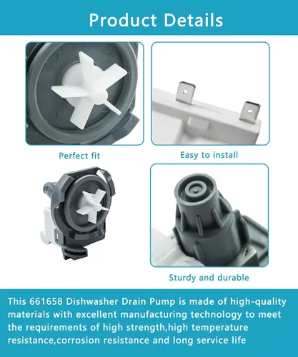Vista 4 de Bomba de drenaje para lavavajillas 661658 WP661658 Compatible con Whirlpool Kenmore Sears, reemplaza AP6010255 8268411, 8268460, 916417, PS11743433