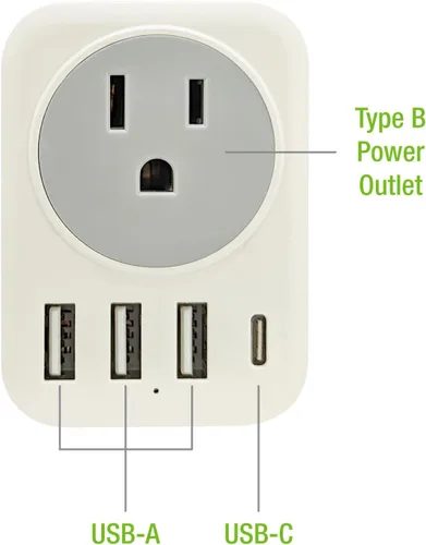 Vista 5 de Adaptador de enchufe de viaje europeo USB C, adaptador de enchufe internacional Cellet con 1 salidas de CA y 4 puertos USB, cargador adaptador