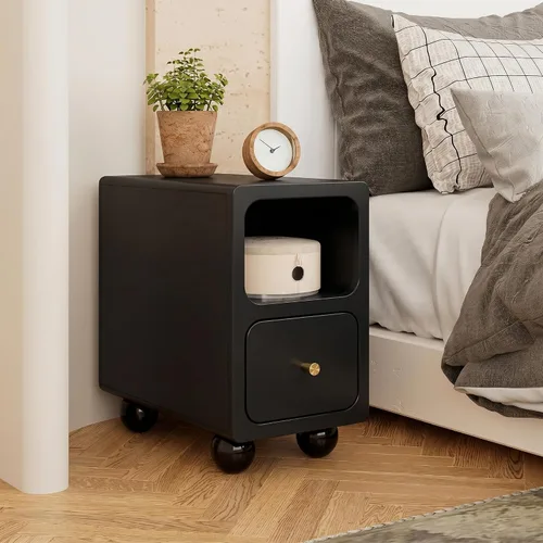 Vista 6 de Mesita de noche de madera maciza, mesita de noche estrecha con cajones, mesita de noche moderna negra de mediados de siglo, mesita de noche pequeña