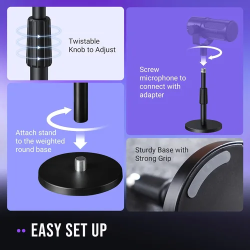 Vista 6 de FIFINE Soporte de micrófono de escritorio, soporte de micrófono de mesa ajustable de metal resistente con adaptador de tornillo macho de 5/8