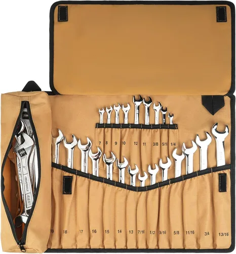 Vista 10 de Organizador de rollos de llaves, bolsa enrollable para llaves con 23+1 bolsillos, rollo de herramientas resistente para llaves métricas y SAE, bolsa