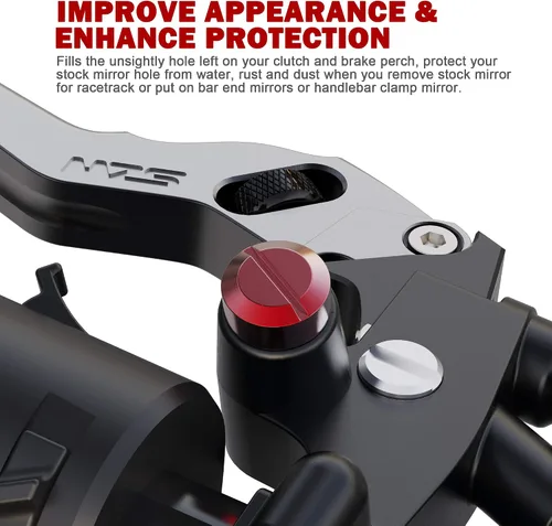 Vista 6 de MZS Tapones para agujeros para espejos de motocicleta, tapas universales CNC, color rojo, 4 piezas, M10 x 1.25 en sentido horario, compatible