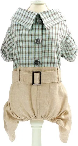 Vista 3 de SMALLLEE_Lucky_Store Camisas de algodón a cuadros británicos con botones para perros pequeños, niños con cinturón, pantalones casuales