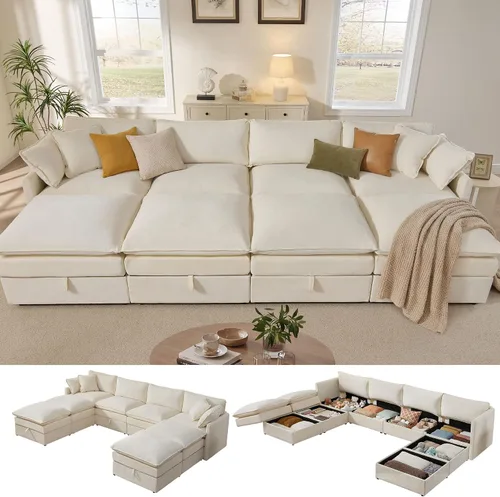 Vista 10 de Ihanherry Sofá modular de 103 pulgadas con almacenamiento, sofá de nube en forma de U con otomanas móviles y 4 almohadas, sofás seccionales