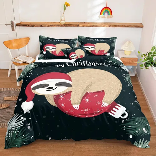 Vista 19 de Juego de ropa de cama de Navidad con funda de edredón de copos de nieve, color blanco y rojo, con estampado navideño, juego de ropa de cama festiva