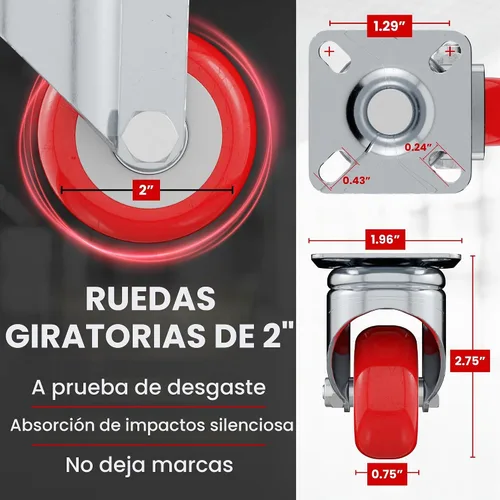 Vista 2 de Paquete de 4 ruedas giratorias sobre ruedas de poliuretano rojo (2 pulgadas sin freno)