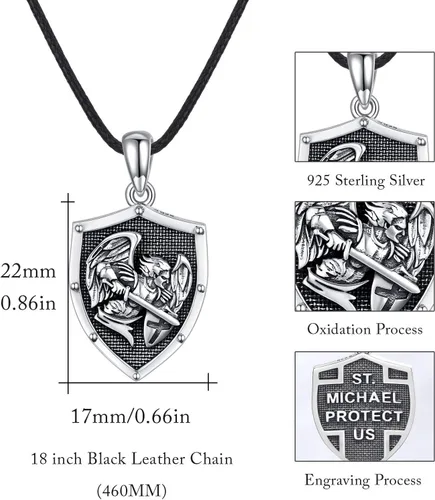 Vista 4 de CUOKA MIRACLE Warrior Necklace S925 Sterling Silver St Michael Necklace Celtic Knot Vintage Shield Mythology Archangel Protect Us Medal Amulet
