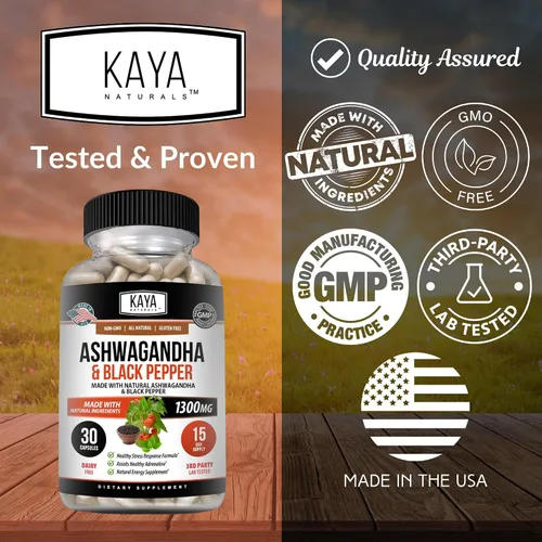 Vista 4 de Kaya Naturals Raíz de Ashwagandha con pimienta negra Suplemento adaptógeno de máxima fuerza de 1300 mg, ayuda a la salud suprarrenal, glandular