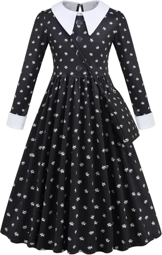 Vista 3 de LAUPHIE Vestido de miércoles para niñas, disfraz de miércoles con collar, calcetines y bolsa