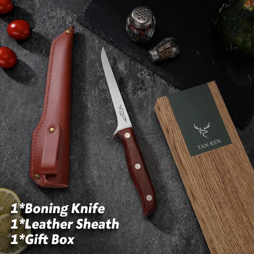 Vista 6 de TAN REN Cuchillo deshuesador para cortar carne, cuchillo de corte de pechuga de 5 pulgadas con funda