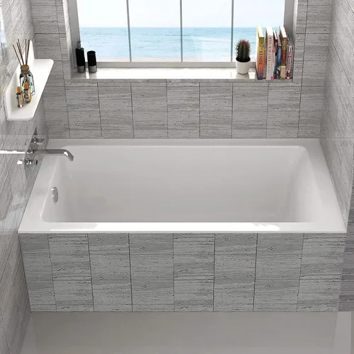 Vista 3 de Fine Fixtures - Tina de inmersión blanca con reborde incorporado para azulejos, material acrílico de fibra de vidrio