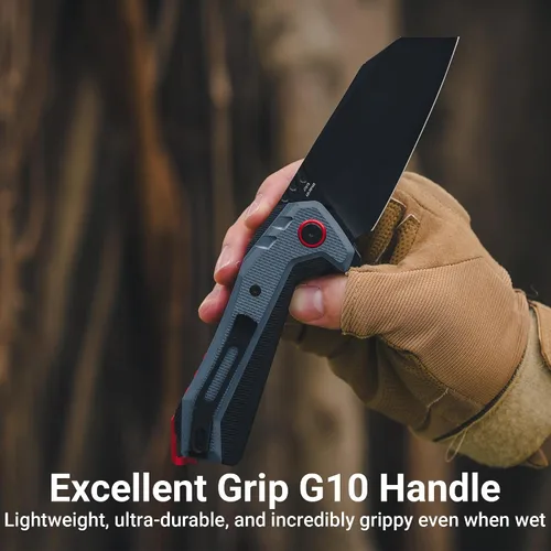 Vista 4 de CJRB Tigris Cuchillo táctico de bolsillo con hoja de acero en polvo AR-RPM9 con PVD negro, mango G10 negro y azul para EDC, camping y caza (J1919)