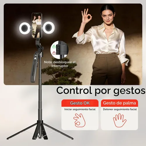 Vista 5 de Trípode para selfie de seguimiento automático de 70.9 pulgadas para iPhone y Android con luces, sin aplicación, trípode de rotación de 360° que