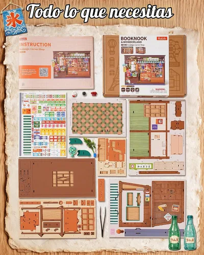 Vista 7 de Rolife Kit de rincón de libros, kit de casa de muñecas en miniatura para adultos, rompecabezas de madera 3D con temática de tienda general japonesa