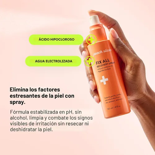 Vista 3 de Peach Slices - Spray de Recuperación Todo en Uno (118 ml) - Purifica, Calma y Alivio - Granos, Estrés y Rojeces - Spray de Ácido Hipocloroso - Agua