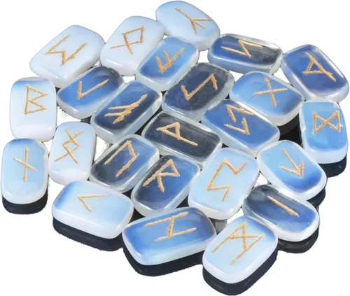 Vista 13 de Crocon Runas de piedras preciosas con forma rectangular de piedra solar con alfabeto de Futhark de élder grabado, juego de 25 runas de cristal