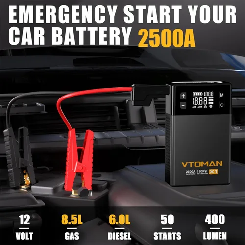 Vista 2 de VTOMAN Arrancador de salto X1 con compresor de aire, arrancador de batería portátil para automóvil (2500 A, motor diesel de hasta 8.5 L/6 L)