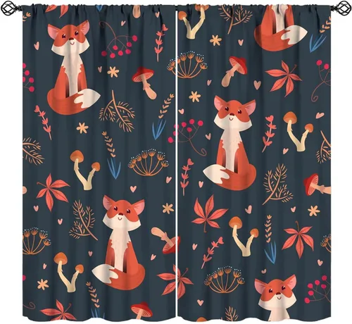 Vista 18 de Cortinas opacas de dibujos animados de animales de bosque naranja, zorro, flores, luna, hojas azules, arte abstracto, niños y niñas, decoración