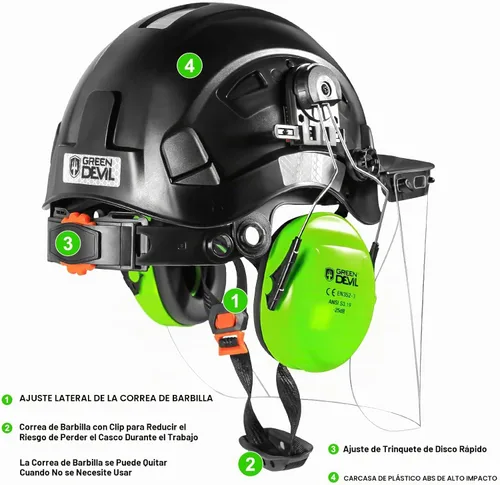 Vista 6 de Casco de Seguridad Forestal para Motosierra con Visera Completa de Policarbonato Transparente y Orejeras 3 en 1 Casco Duro Forestal Protector facial