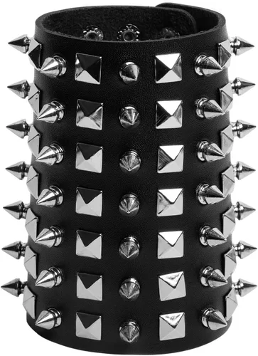 Vista 3 de STWTR Pulsera de cuero con correa ancha unisex con tachuelas de metal negro