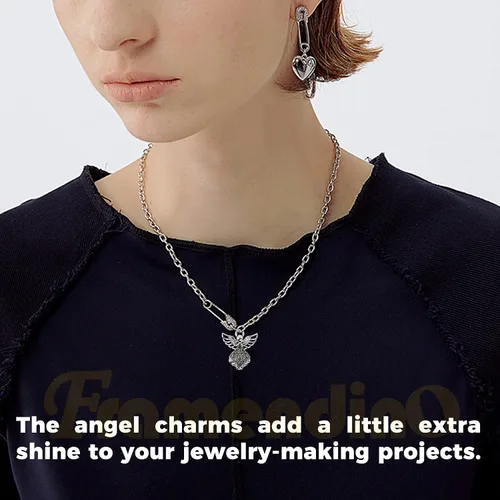 Vista 3 de Framendino, Paquete de 100 dijes de ángel de plata antigua para hacer joyas, pulseras y manualidades, aleación, No es una piedra preciosa