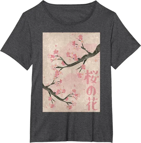 Vista 6 de Cherry Blossom Japanese Vintage Woodblock Japan Pink Sakura T-Shirt Asphalt Grey