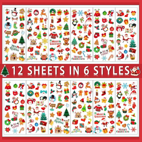 Vista 3 de UPINS Calcomanías de Navidad para niños, 12 hojas de calcomanías de espuma 3D hinchadas – Lindo muñeco de nieve, reno, árbol, Papá Noel