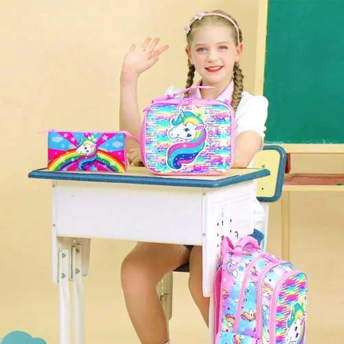 Vista 6 de 3 piezas de mochilas infantiles para niñas, 41 cm, mochila escolar preescolar y lonchera con diseño de unicornio/sirena/flamenco Mochila
