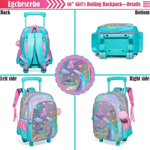 Vista 3 de Egchescebo Mochila de viaje para niños con ruedas transparentes para niñas, Blue-MRY, Mochilas tipo mochila