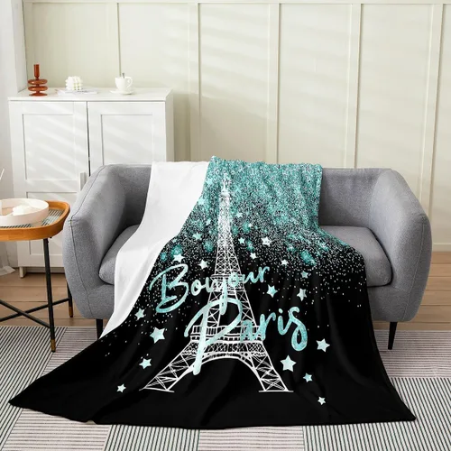 Vista 10 de Feelyou Manta de felpa de la Torre Eiffel con purpurina, color azul, morado, pastel, para todas las estaciones, manta de cama para niños, manta