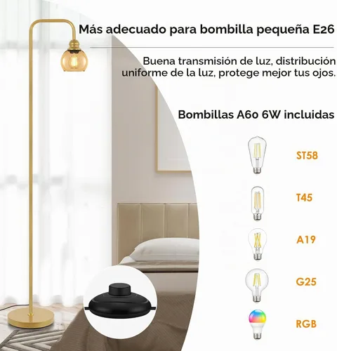 Vista 6 de Lámpara de pie moderna para sala de estar con bombilla LED de 6 W, lámpara de pie industrial, vidrio ámbar, lámpara alta de lectura clásica