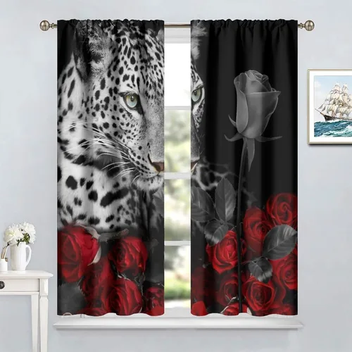 Vista 3 de Cortinas de ventana de leopardo con rosas rojas, tratamiento de ventana de vida silvestre africana para niños y niños, cortinas de ventana