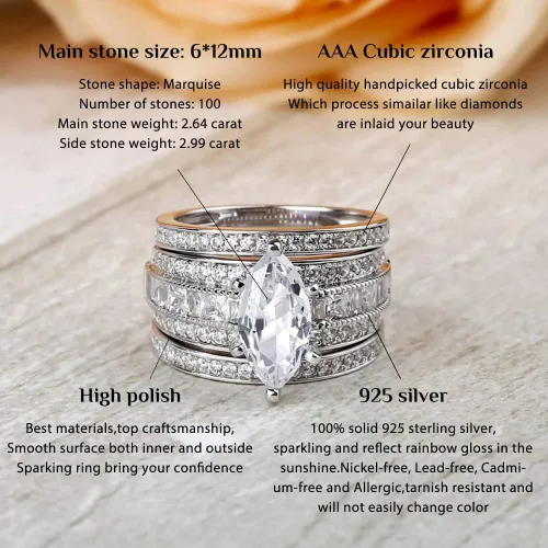 Vista 4 de Jeulia Juego de anillos de boda de 2 quilates de 3 piezas para mujer, anillos de compromiso de circonita cúbica de corte marquesa de plata de ley