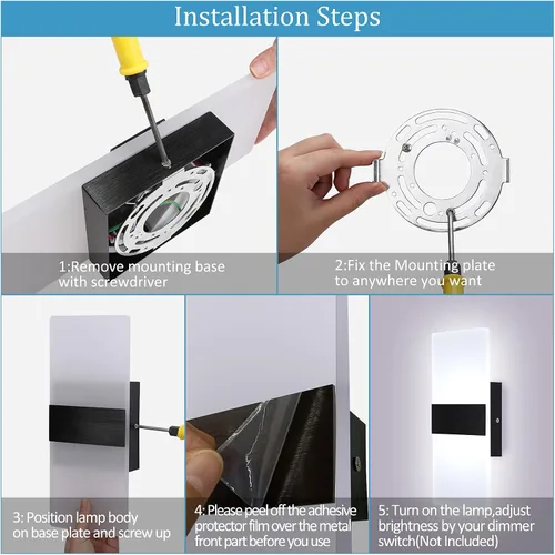 Vista 8 de Lightess Aplique de pared moderno regulable. Lámpara de pared de 12 W en negro, lámpara de pared interior de acrílico para dormitorio, sala