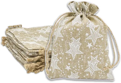 Vista 6 de 48 paquetes de 3x4 bolsas de regalo reutilizables de yute y arpillera con cordones (Feliz Navidad, X-Pequeño) - para regalos, favores de fiesta
