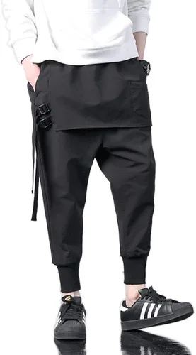 Vista 3 de RLJT JIN Pantalones de harén de cintura elástica para hombre, pantalones deportivos elásticos de hip hop con cordón, pantalones holgados de ajuste