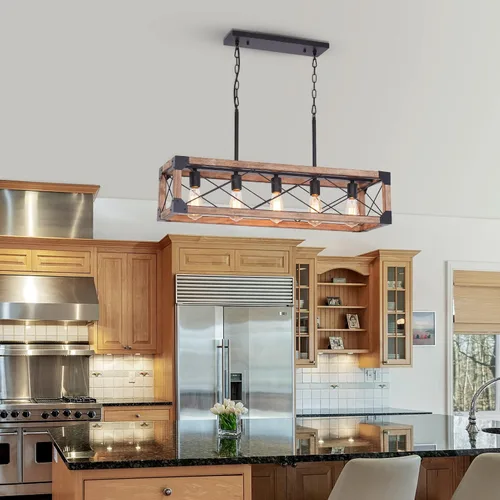 Vista 8 de Iluminación de Isla de Cocina Estilo Granja, Lámpara de Comedor de 5 Luces, Candelabro Lineal Estilo Granja con Madera Maciza para Comedor Cocina