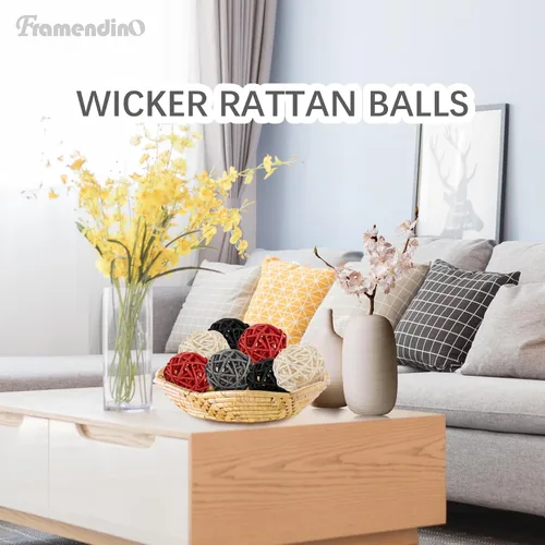 Vista 3 de Framendino, Paquete de 24 bolas de mimbre de 2 pulgadas para decoración de mesa del hogar, negro, gris, rojo, blanco
