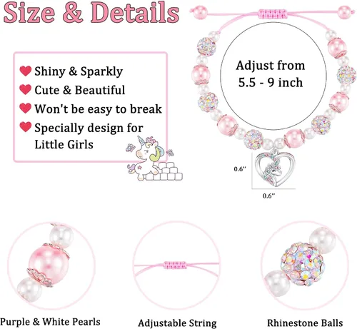 Vista 4 de HGDEER Pulsera de unicornio para hijanietasobrina Pulsera de perlas rosas y bolas de diamantes de imitación Longitud ajustable Adecuado