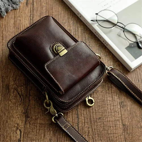 Vista 4 de Ztimi Bolso de mensajero de un solo hombro de color frotado a mano para hombre, bolsa colgante retro pequeña bolsa de teléfono móvil