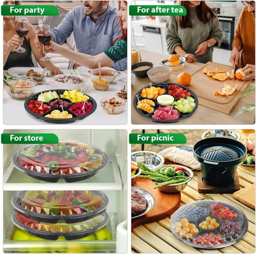 Vista 4 de Bandeja de plástico para aperitivos con tapa, resistente, reciclable de 12 pulgadas, bandejas para aperitivos de frutas vegetarianas, recipientes