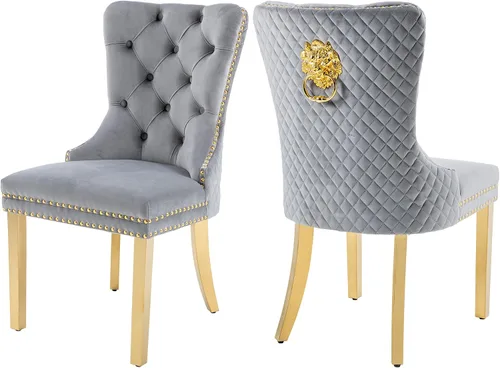 Vista 22 de Juego de 2 sillas de comedor, patas de metal dorado, anillo de león sofisticado, color beige Beige (oro)