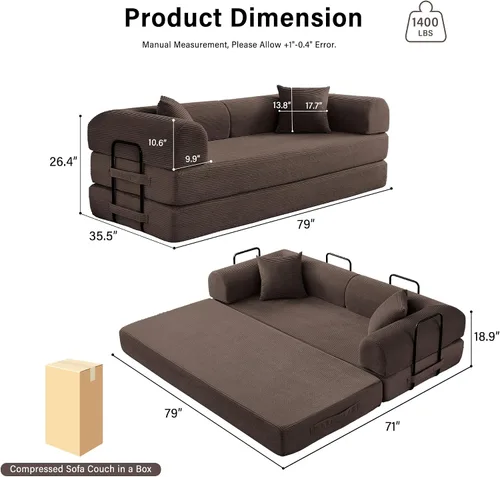 Vista 3 de Sofá cama convertible de 79 pulgadas, sofá futón sin hueso para sala de Marrón