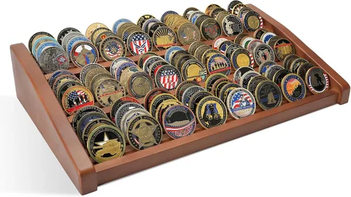 Vista 13 de Challenge - Soporte de exhibición de monedas, 12 filas de madera maciza, soporte militar para monedas con capacidad para 80-100 monedas, estante