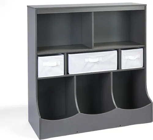 Vista 14 de Badger Basket Combo Bin Unidad de almacenamiento de juguetes y estante para libros para niños con 3 cestas - Gris
