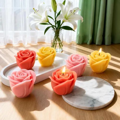 Vista 5 de 4 moldes de velas de flores de rosas, moldes de silicona para hacer velas, molde decorativo en forma de flores 3D para fondant jabón, pastel